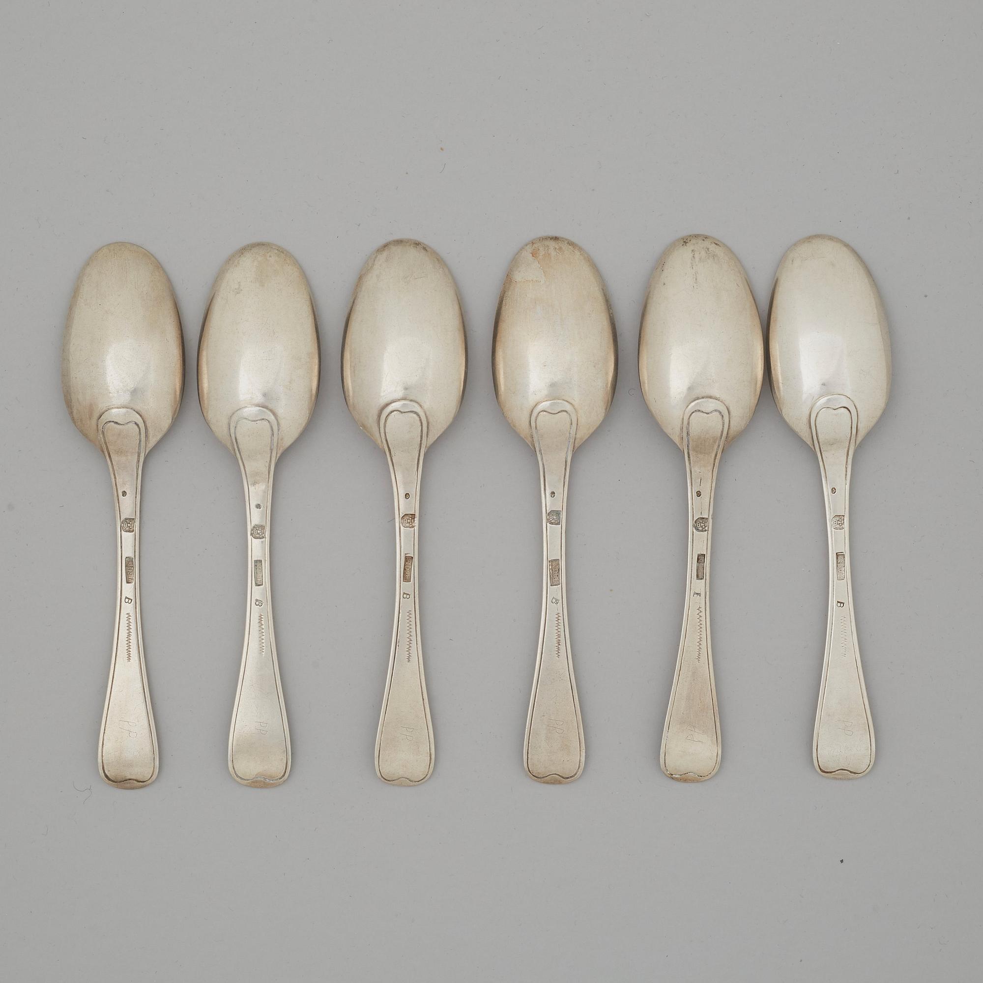 A set of six Swedish 18th century silver dinner-spoons, mark of Nild Dahl, Linköping 1760.