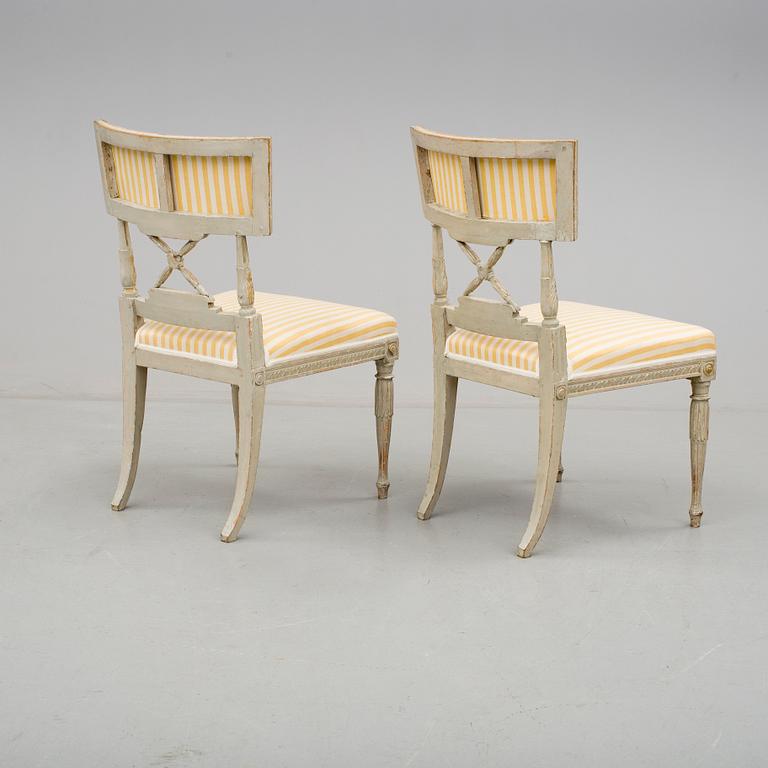 STOLAR, ett par, empire, stämplade MBL, Melkior Lundberg dy, verksam i Stockholm 1808-1812.