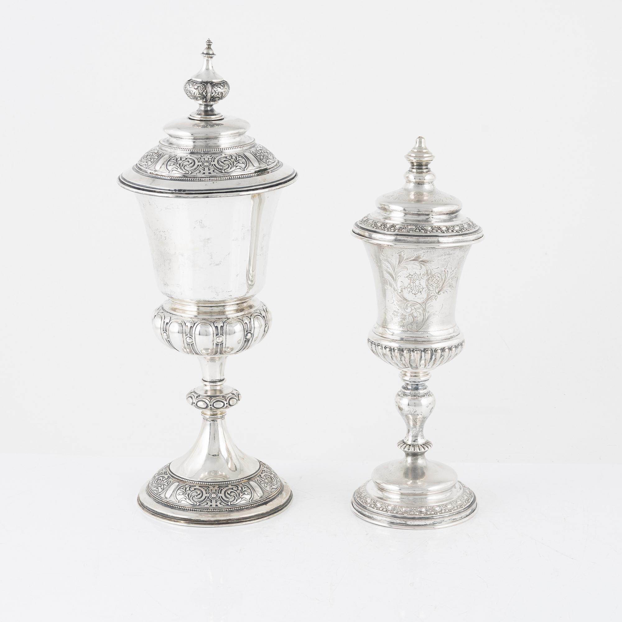 Lockpokaler, 2 st, silver, bl a Carl August Nilsson, Malmö 1885.