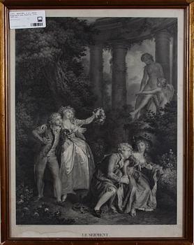 GRAVYRER, 2 st, efter Fragonard resp Hogarth, 1700-1800-tal.