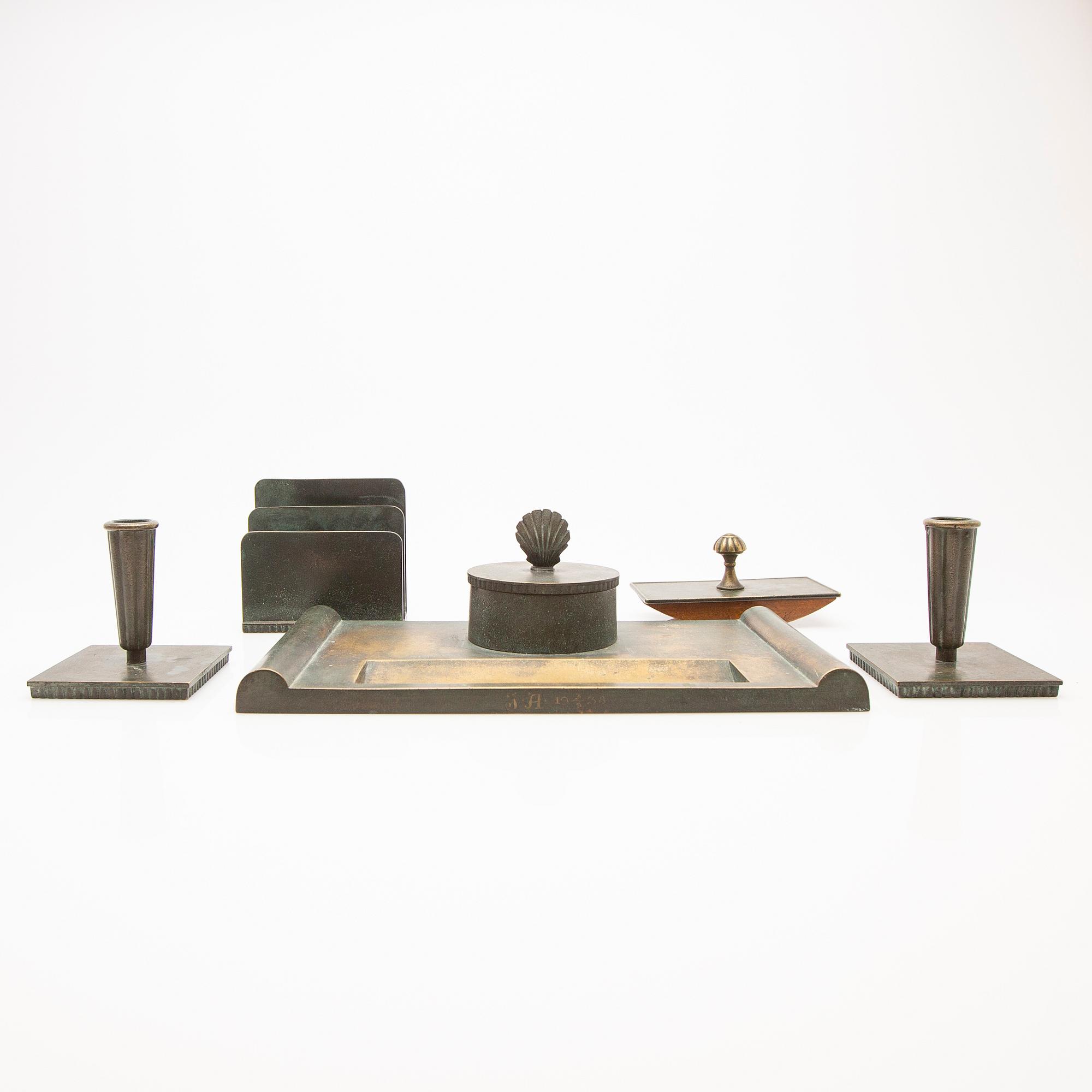 Ystad Bronze, desk set, 5 pieces, 20th century.