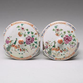 A pair of famille rose 'double peacock' condiment dishes, Qing dynasty, Qianlong (1736-95).