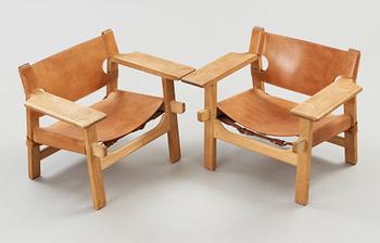 A pair of Børge Mogensen oak and leather 'Spanish Chair', Fredericia Stolefabrik, Denmark.