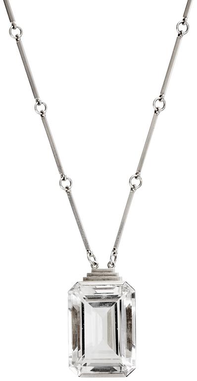 A Wiwen Nilsson sterling and facet cut rock crystal pendant and chain, Lund 1942.