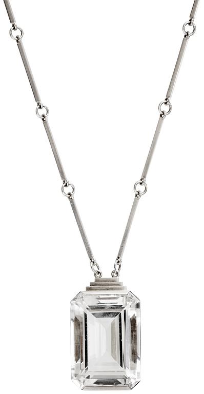 A Wiwen Nilsson sterling and facet cut rock crystal pendant and chain, Lund 1942.