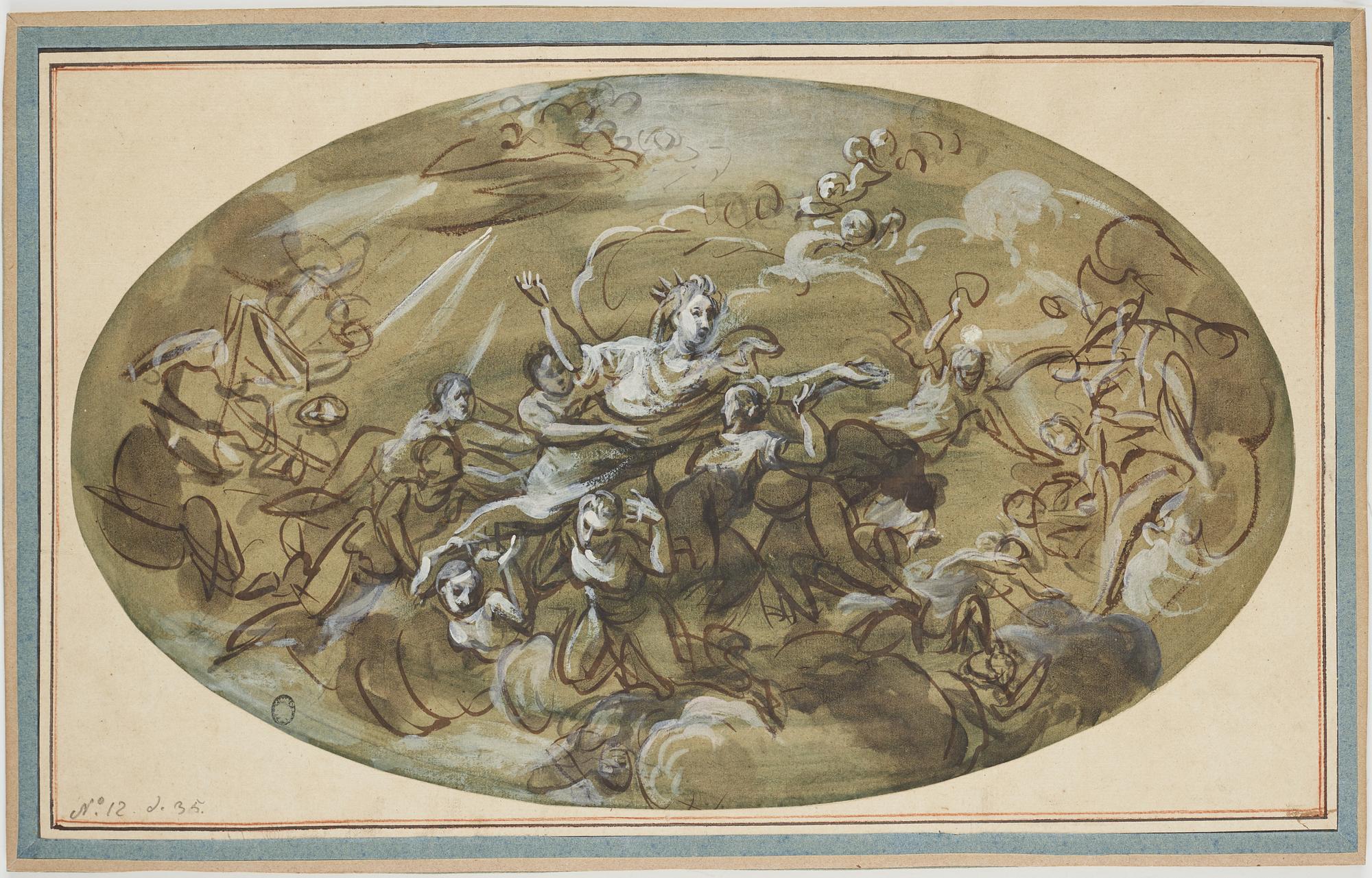 JOSEPH FRANÇOIS PARROCEL, hans krets. Oval. Osignerad. Tusch och täckvitt, bildyta 24,5 x 41 cm.