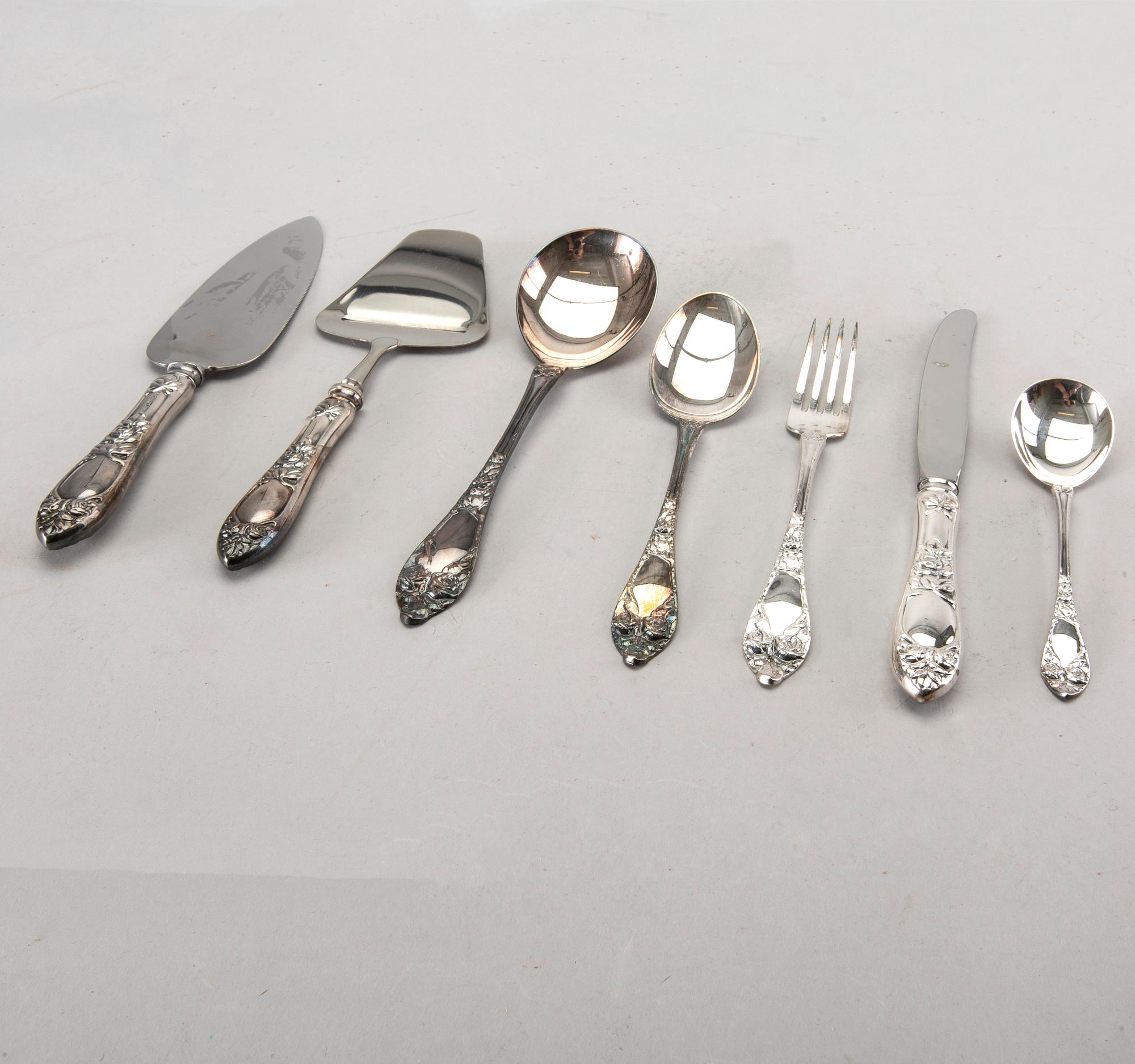 A set of silver cutlery for 12 persons, 67 pieces. Total weight incl steel blades app. 2600 gram.