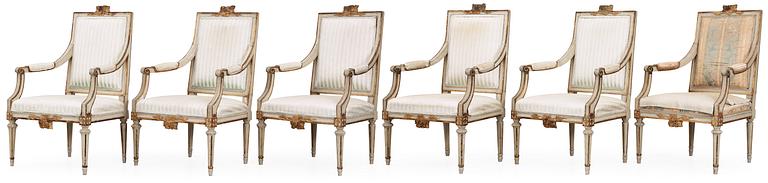 Six Gustavian 18th Century armchairs.