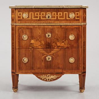 A Gustavian marquetry and gilt brass-mounted commode by G. Foltiern (master in Stockholm 1771-1804), dated 1782.