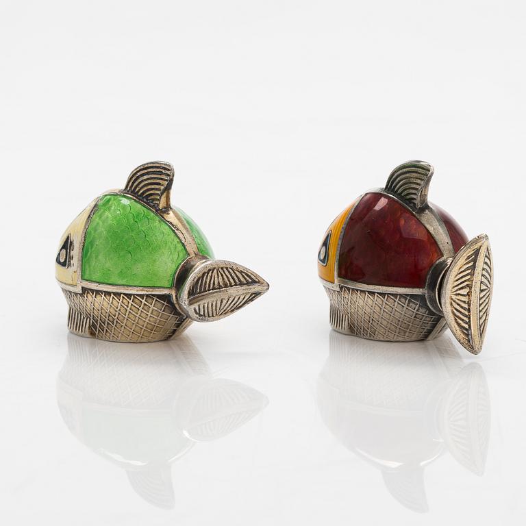 A pair of enamelled sterling silver salt- and pepper shakers, SNM, Norway.