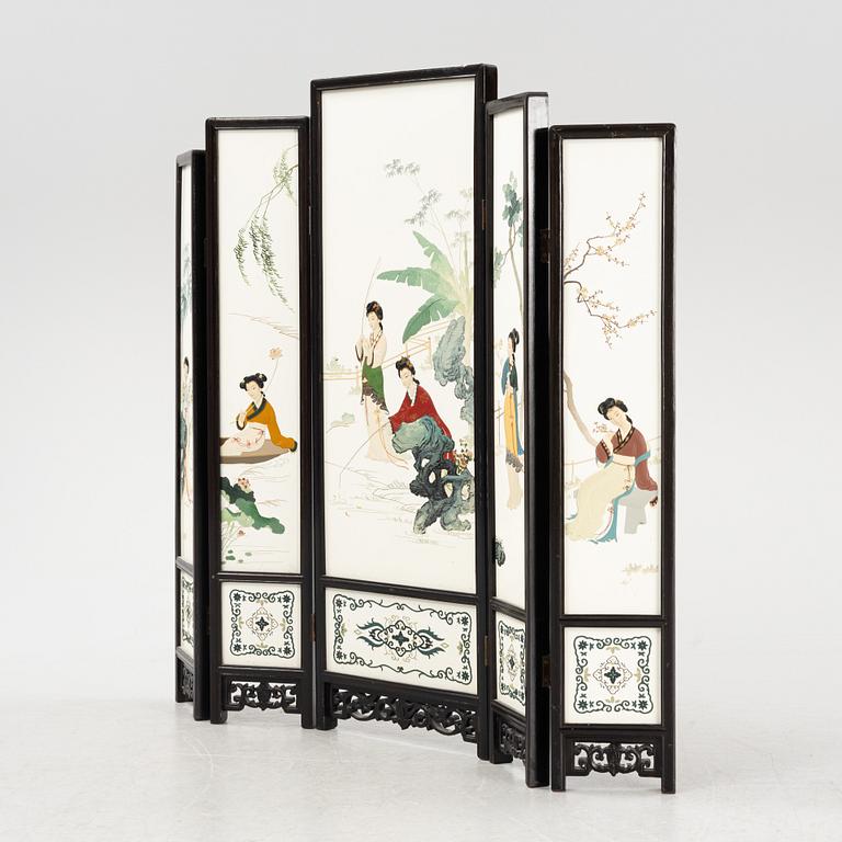 A Chinese mixed-media folding screen, mid 20th century.