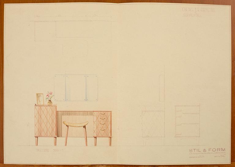A dressing table with stool and mirror, Stil & Form Arkitektkontor för Möbler o. Inredningar, Stockholm, 1944.