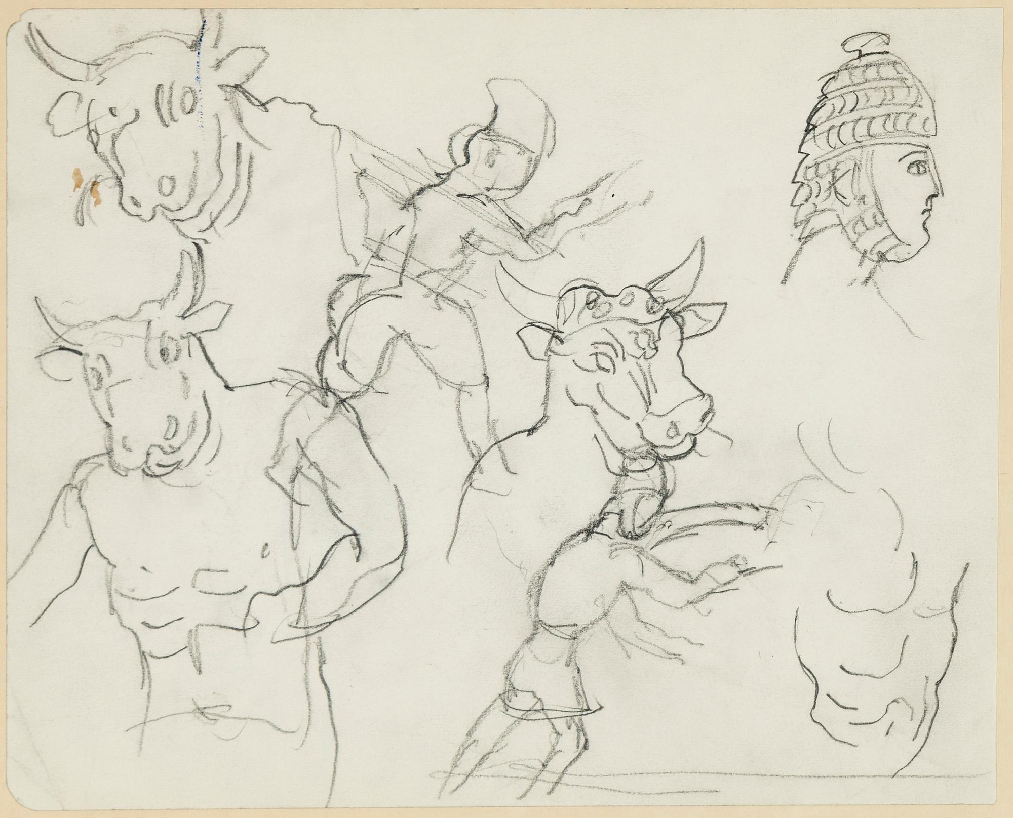 Hilding Linnqvist, pencil drawings, 2 + 3, framed together.