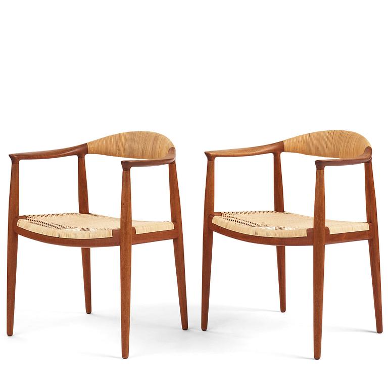 Hans J. Wegner, a pair of teak and rattan 'The Chair', JH-503, Johannes Hansen, Denmark 1950s.