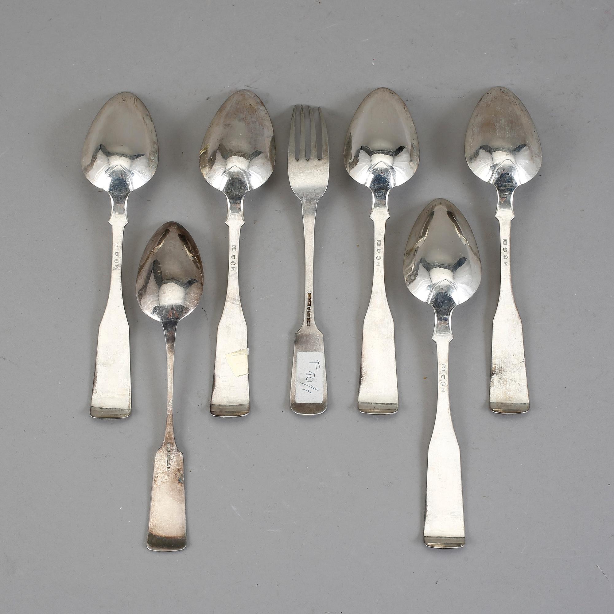 BESTICK, 5+1+1 st, silver. Snäckmodell, Finland, 1800-tal. Total vikt 382 g.