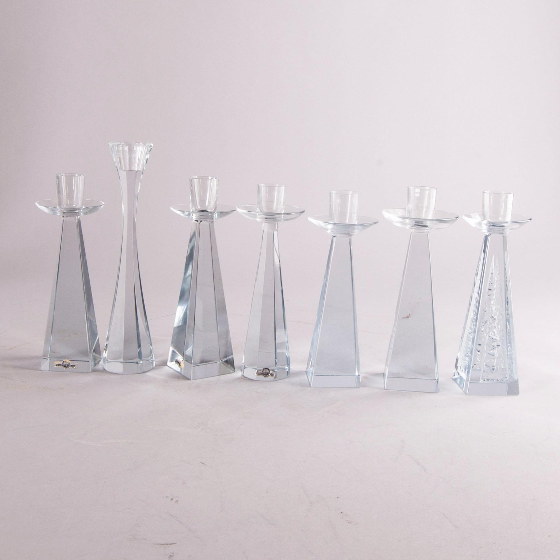 A set of seven 1930/40s Asta Strömberg glass candle sticks from  Strömbergshyttan, candlesticks, 7 pcs,