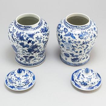 A pair of blue and white vases.