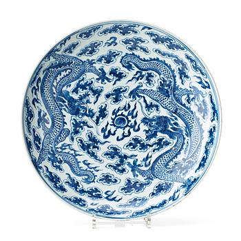 877. A blue and white dragon dish, Qing dynasty, 19th Century.