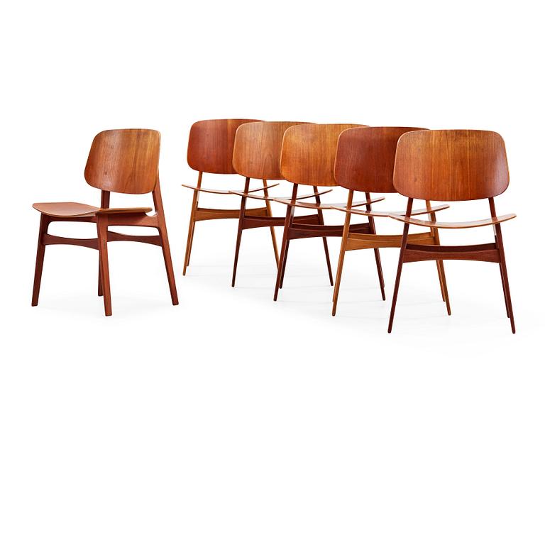 A set of six (4+2) Børge Mogensen teak dining chairs for Søborg Møbelfabrik, Denmark 1950's.