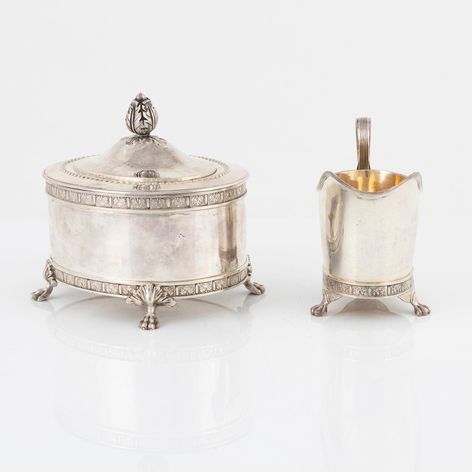 Jacob Engelberth Torsk, a Gustavian style silver creamer and sugar caddy, Stockholm, 1899.