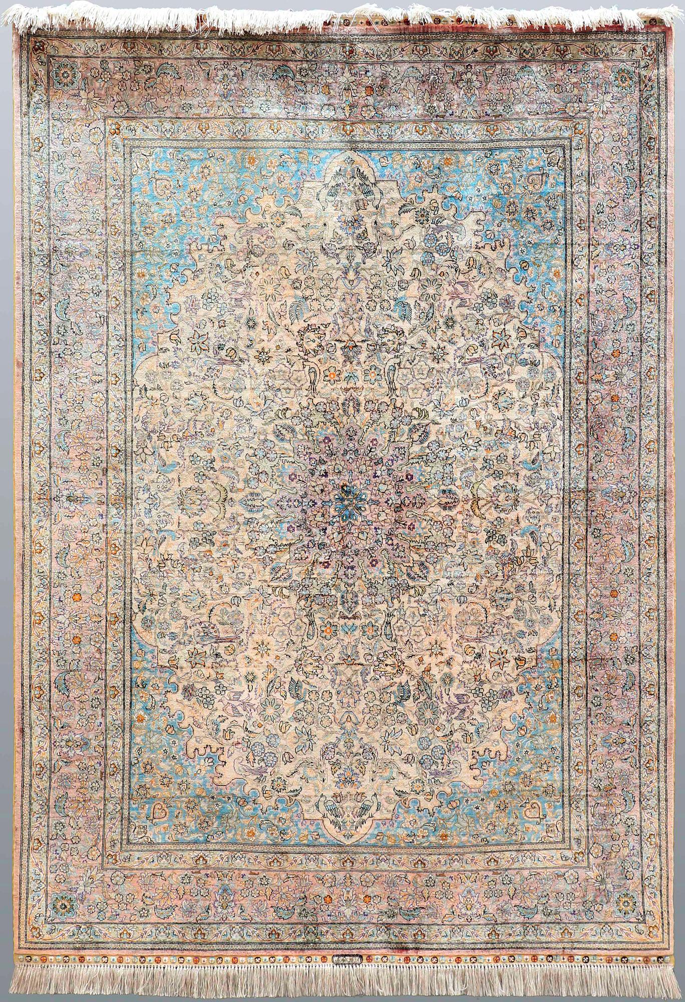 A rug, Figural Oriental silk,  signed, ca 175 x 125 cm.