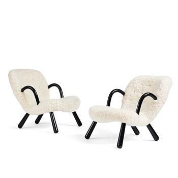 408. Arnold Madsen, Clam chairs/ Muslinge fåtöljer, ett par, sannolikt Madsen & Schubell, Danmark, 1940-50-tal.