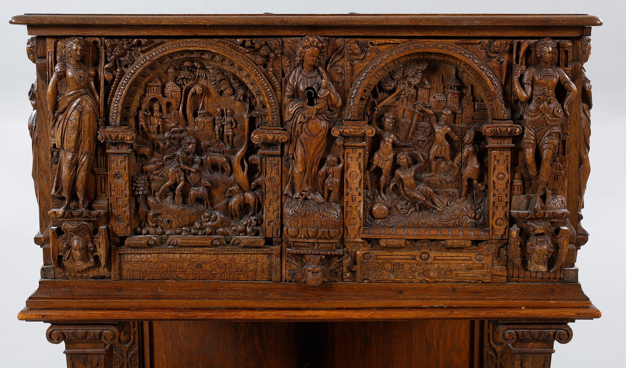 A coffin and a legframe, 18th century respektive 20th century.