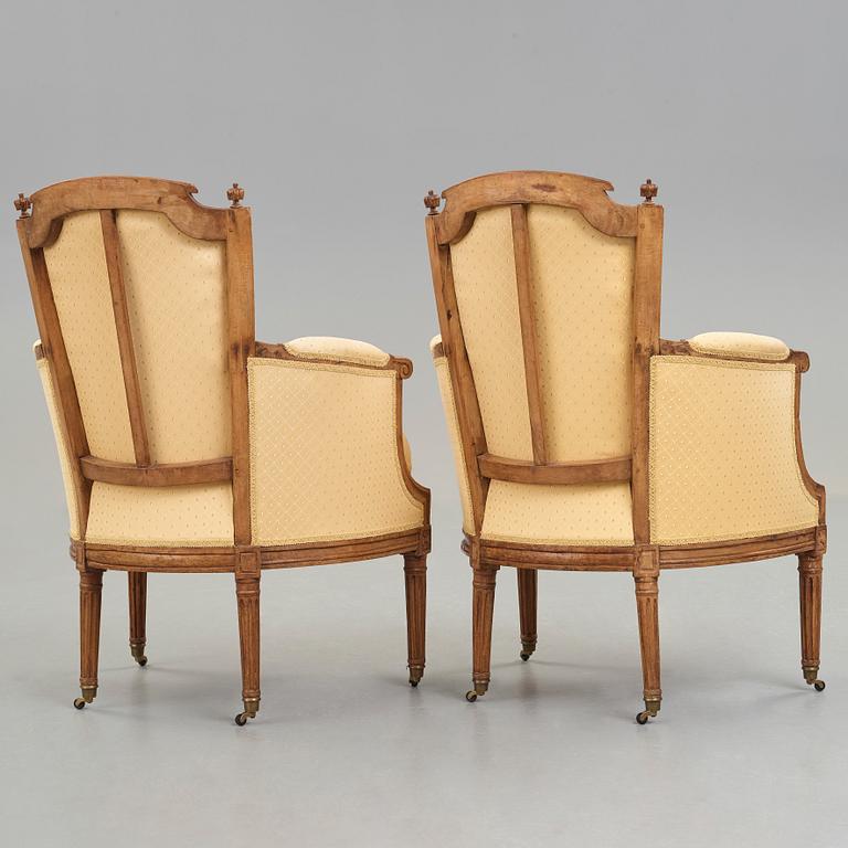 A pair of Louis XVI late 18th century bergeres by Claude Lerat (master in Paris 1785).