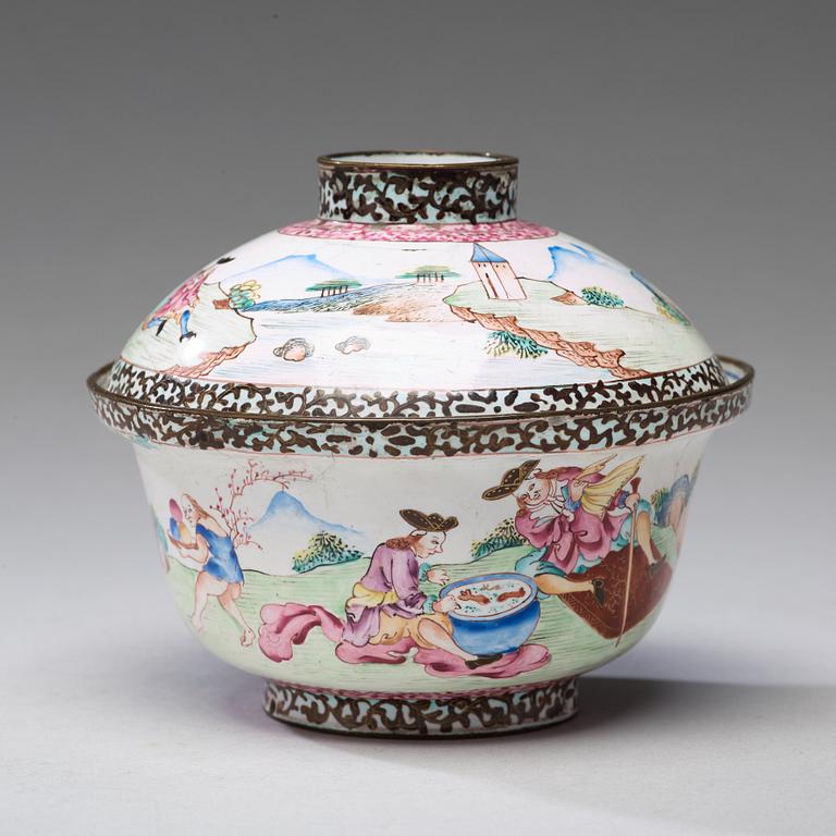 An enamelled 'European Subject' cup with cover, Qing dynasty, 18th Century.