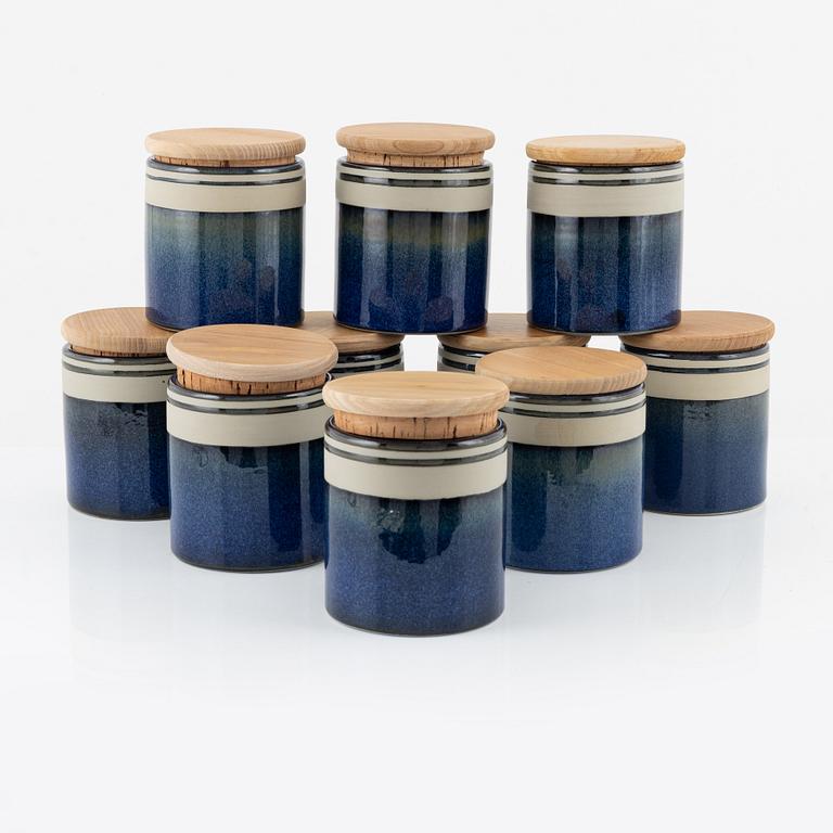 Jackie Lynd, ten stoneware jars with lids, Rörstrand, Sweden.