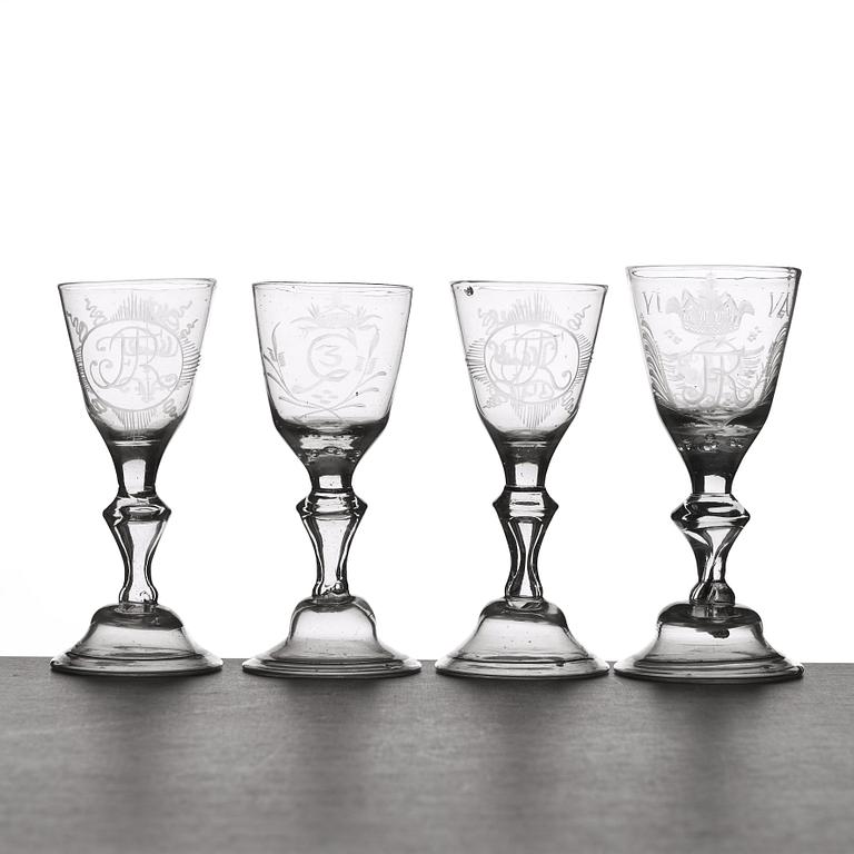 A set of four wine glasses, 18th Century.