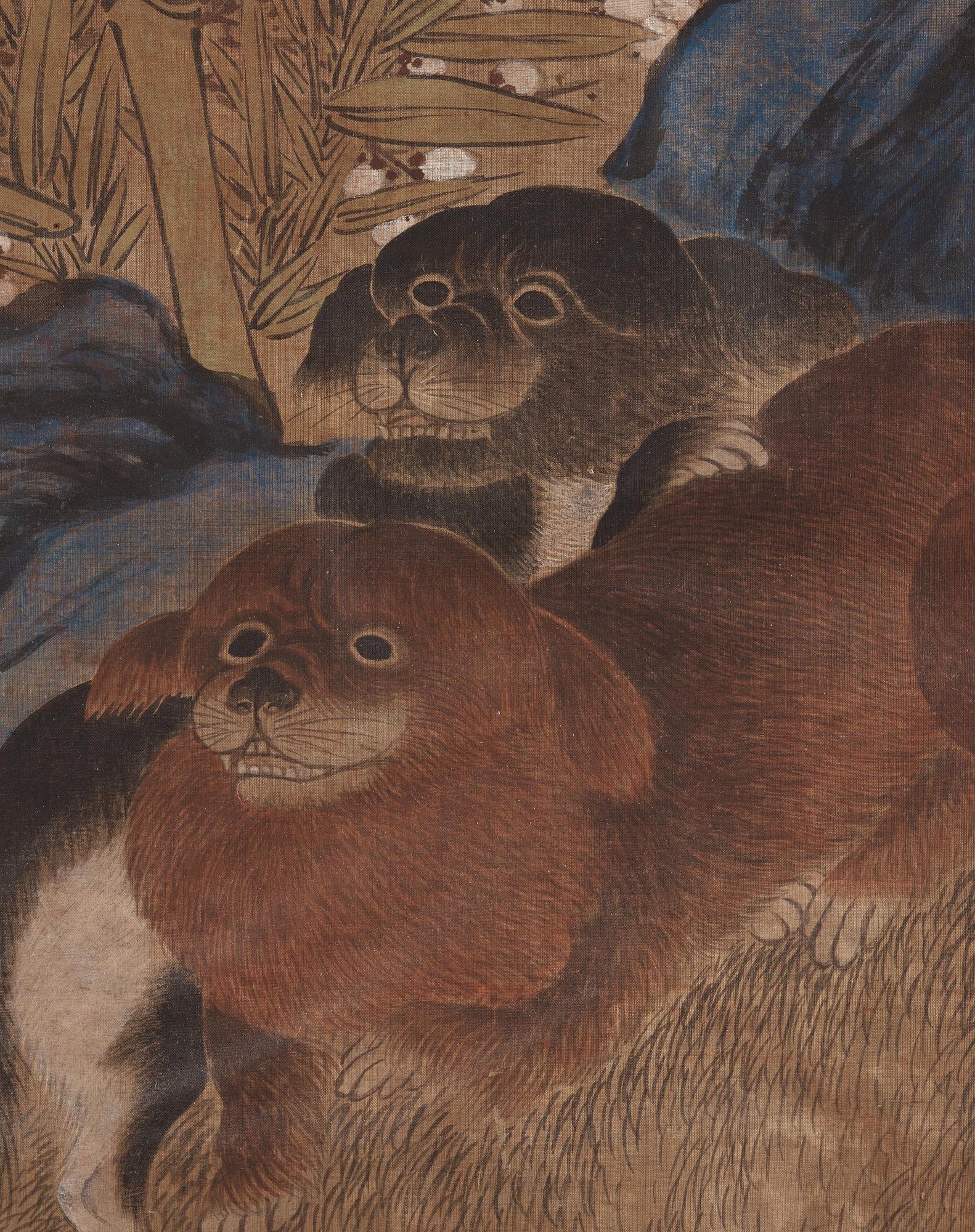 MÅLNING, motiv med lekande hundar vid en trädgårdsklippa, efter Ma Yuanyu (1669-1722), sen Qingdynastin (1644-1912).