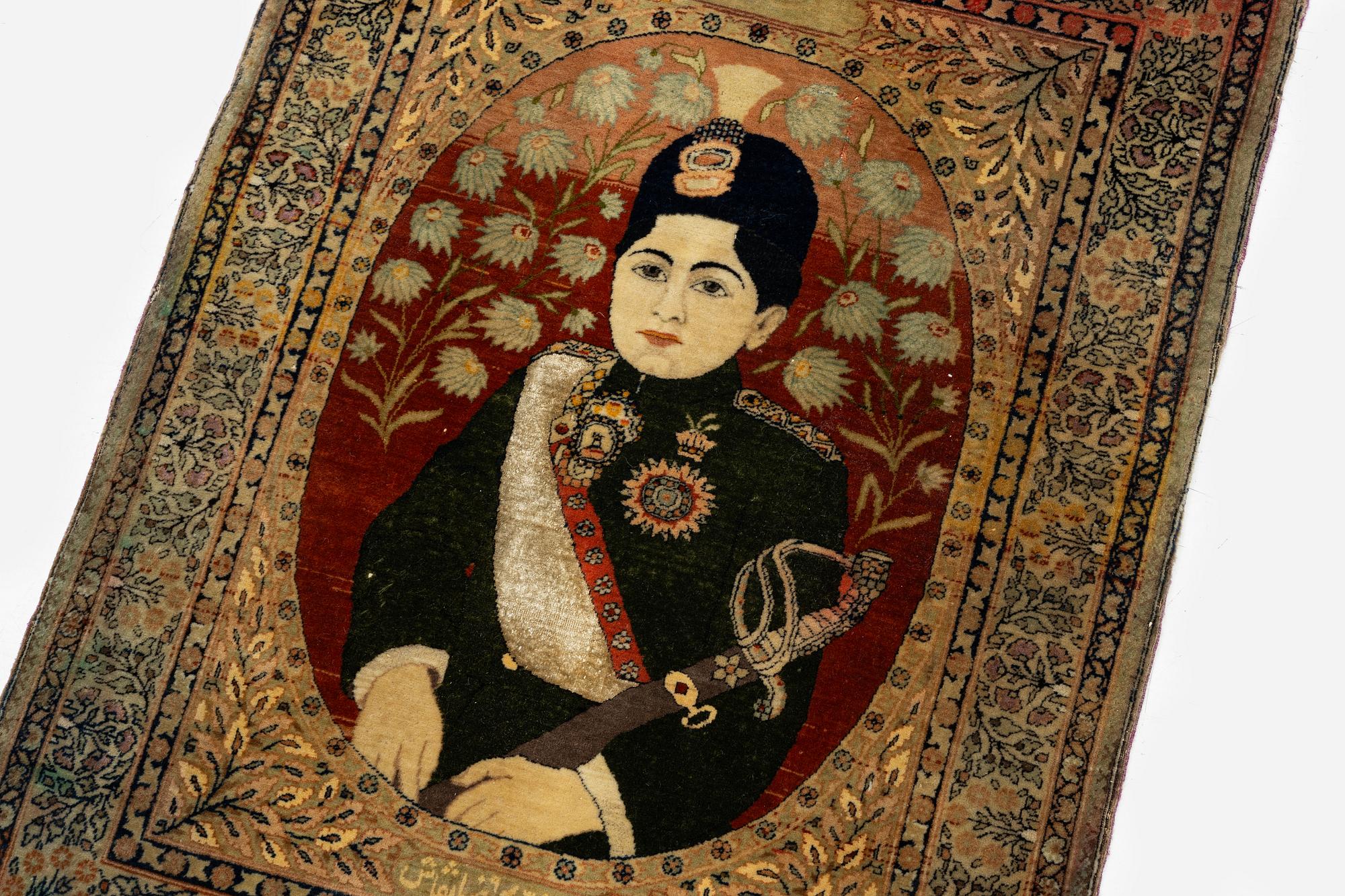 An antique pictoral, part silk Kashan 'Mohtasham' rug, Central Persia, c. 87 x 65 cm.