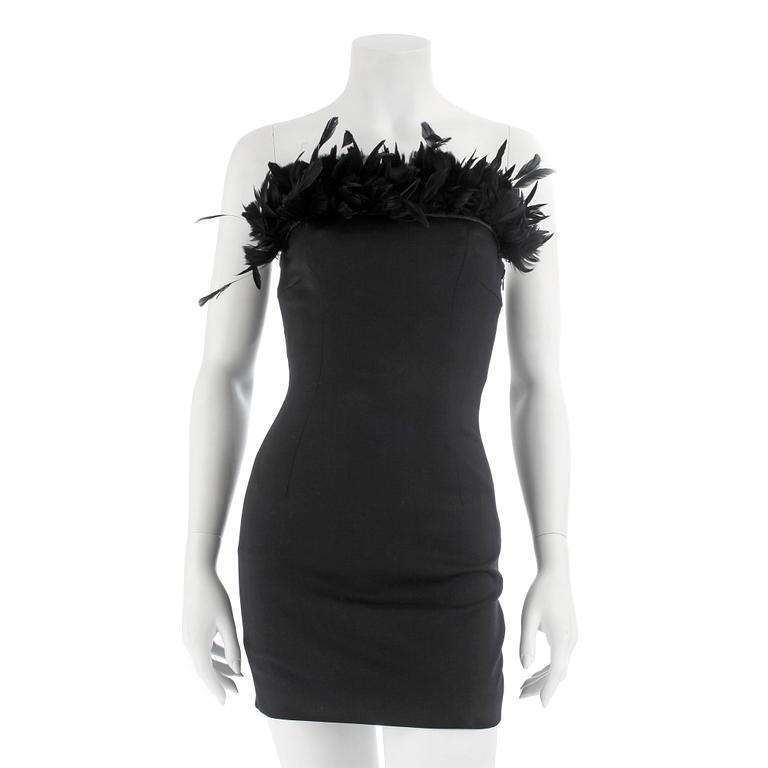 DSQUARED, a black woolblend dress with feathers, size 40.