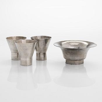 Paavo Tynell, 1930s pewter bowl and three goblets for Taito.