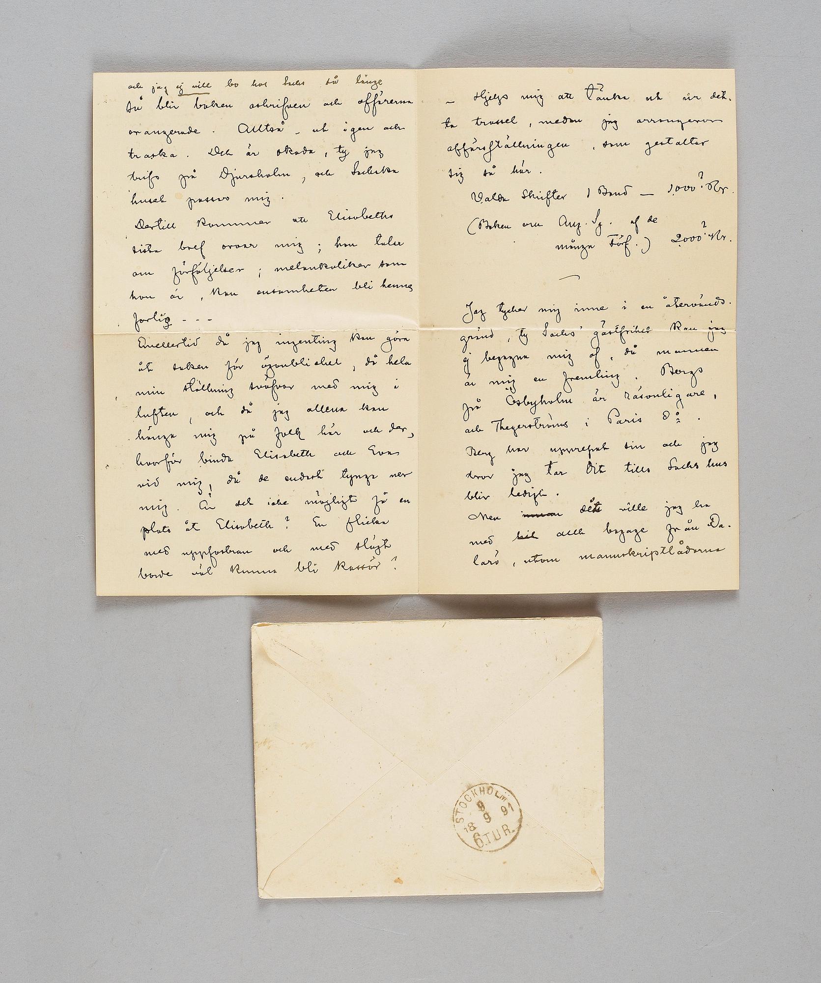 August Strindberg, letter, written by hand and signed at Djursholm September 9 1891.