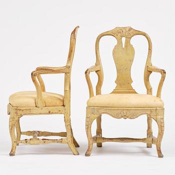 A pair of rococo open armchairs, Stockholm, later part 18th century.