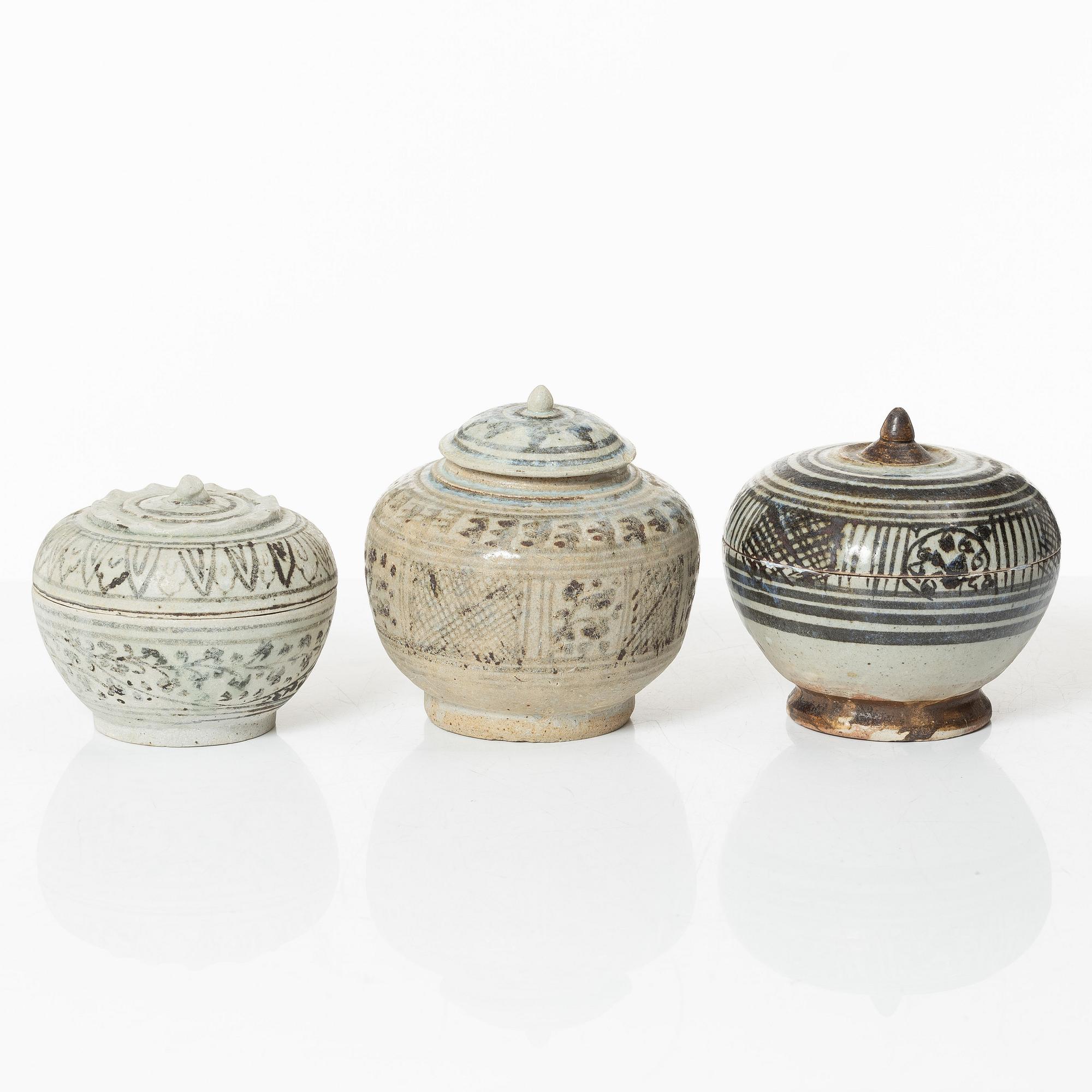 Six ceramic jars with covers, South East Asian, 17th and 19th century.