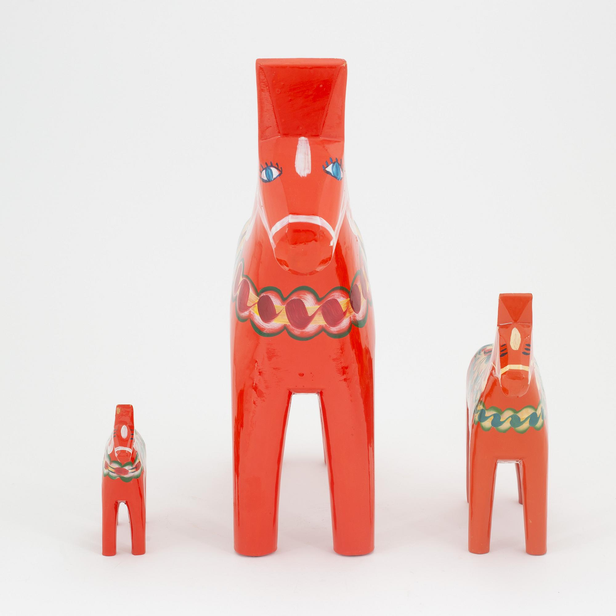 Three Swedish Dala Horses, second half of the 20th century.