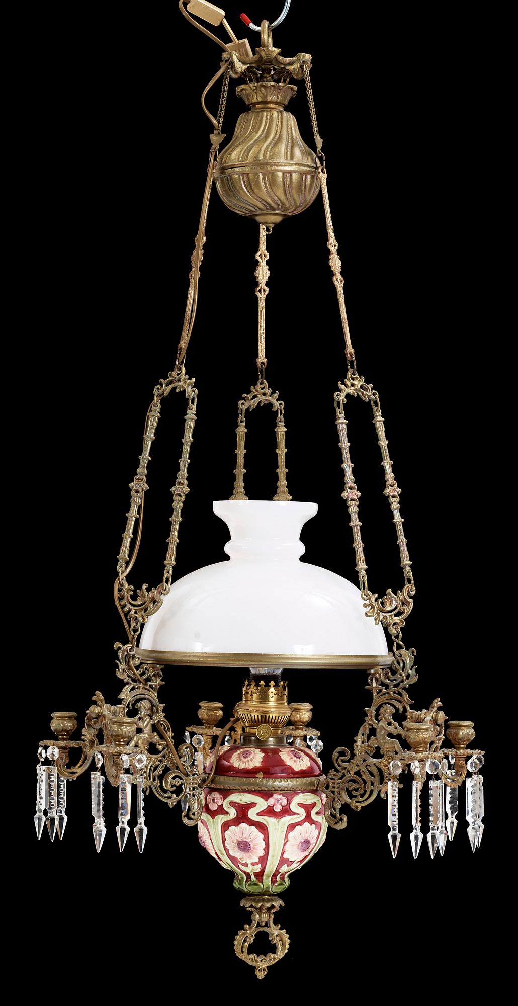 TAKFOTOGENLAMPA, majolika, sekelskiftet 1900. Höjd ca 120 cm.