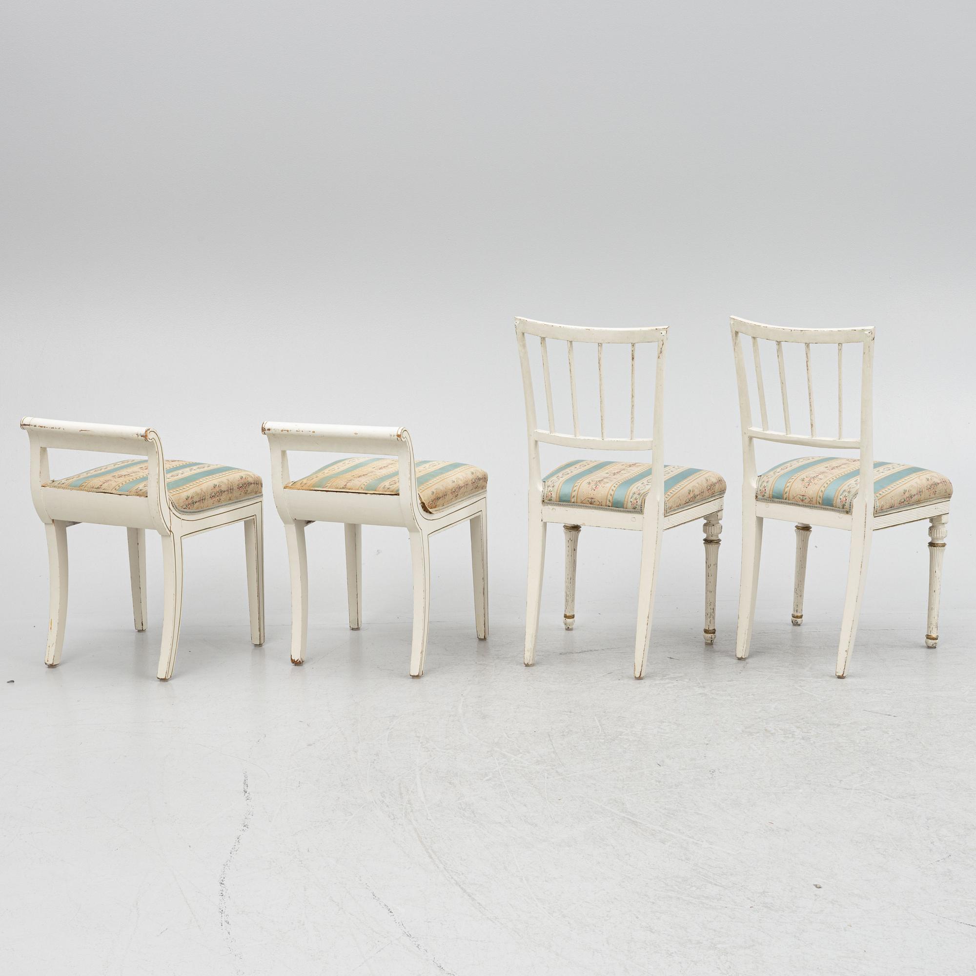 Chairs, a pair, and stools/tabourets, a pair, early 19th century.