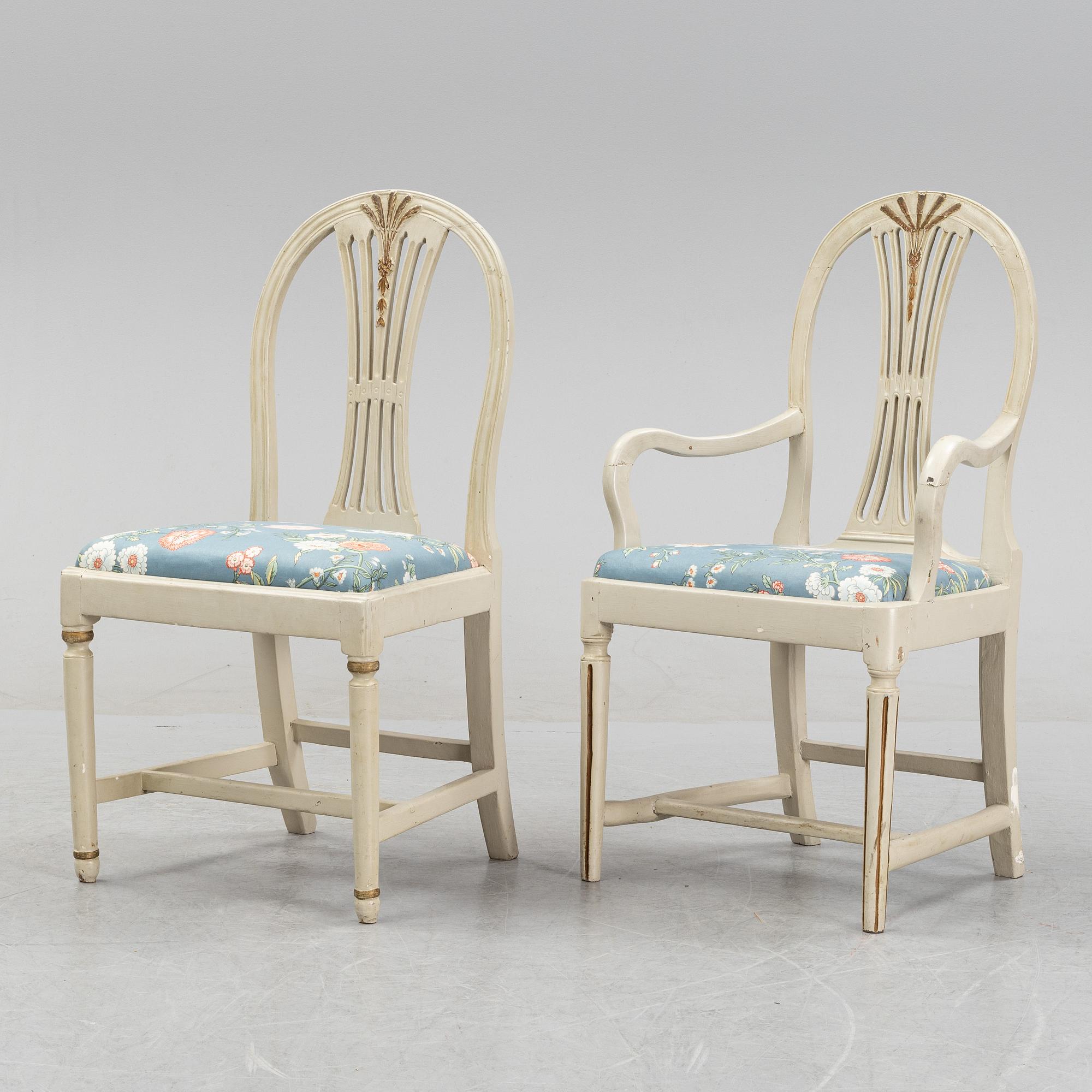 A Gustavian chair and armchair, end of the 18th Century.