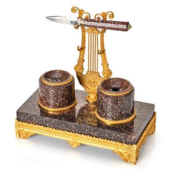 A Swedish porphyry and bronz ink stand, 19th century.