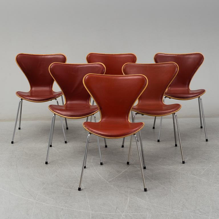 ARNE JACOBSEN, six leather covered 'Series 7' chairs from Fritz Hansen, Danmark, 1984.