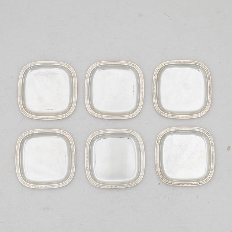 C.G. Hallberg, Coasters / ashtrays, 6 pcs, sterling silver, design by Gustaf Janson, Stockholm 1955-57.
