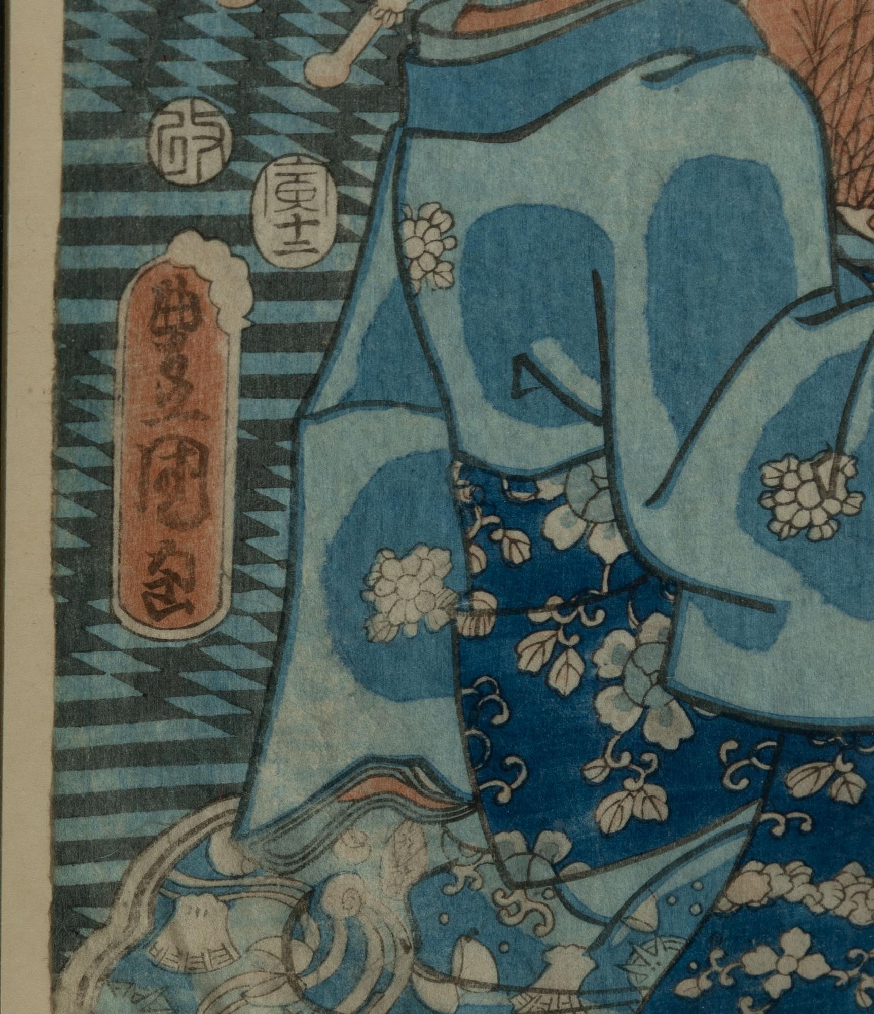 Utagawa Kunisada och Utagawa Kuniyoshi, träsnitt (triptyk resp diptyk).