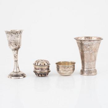 A chalice, a box, a tumbler and a beaker, silver, Sweden, second half of the 18th century to 1832..