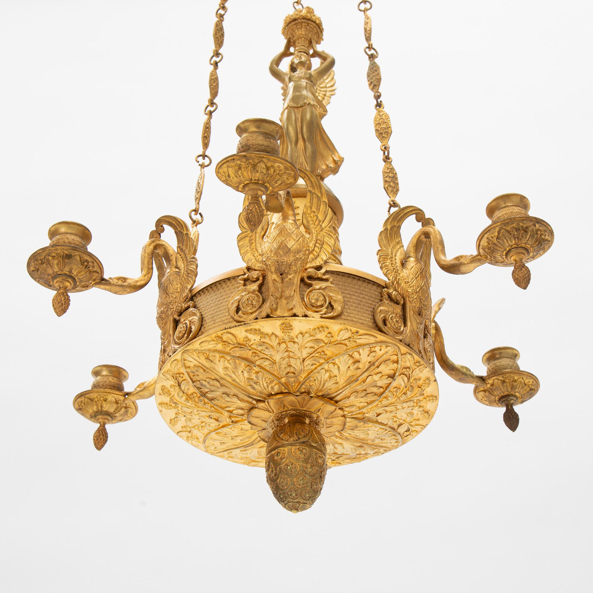 A presumably Italian Empire six-light ormolu chandelier, early 19th century.