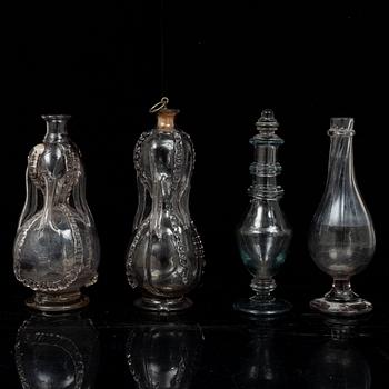 Two Swedish glass flasks and two vinegar bottles, 18th - early 19th century,.