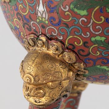 A Chinese cloisonné tripod censer, late Qing dynasty.